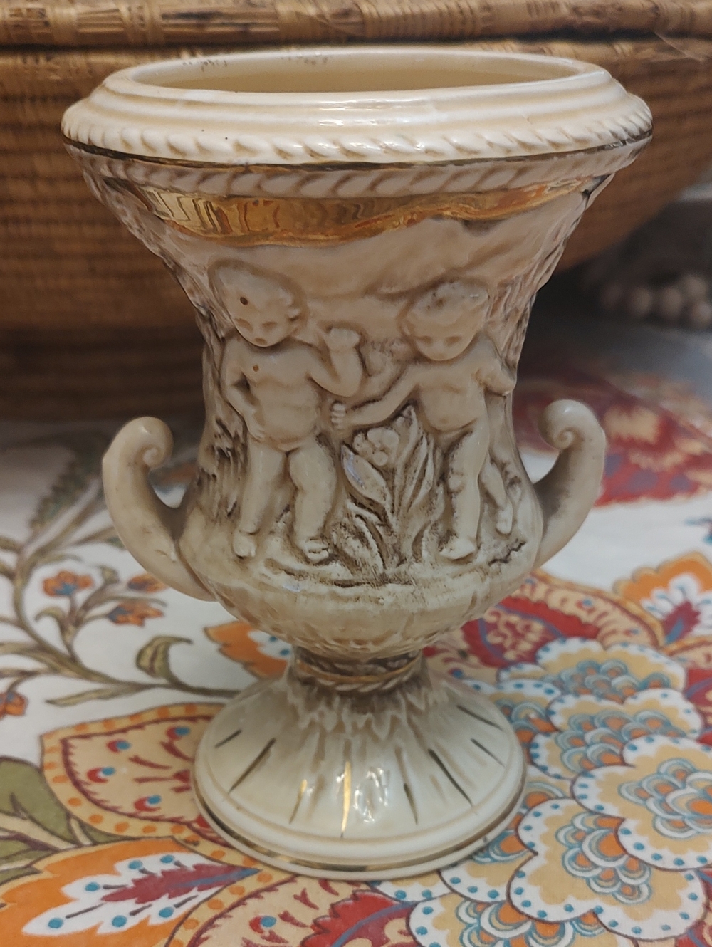 Ivory Ceramic Vintage Cherub Urn Vase with Gold Trim